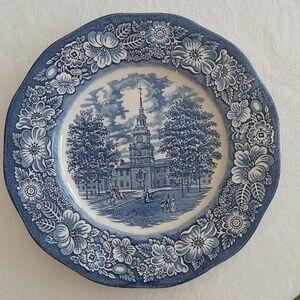 Vintage Liberty dependence Hall transferware ironstone blue and white 10" plate